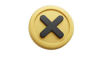 Fototapeta premium 3d icon of gold coin with a black cross symbol isolated on transparent background