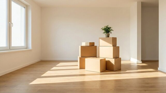 Stack of cardboard moving boxes with small plant in empty bright living room with sunlight and window, new home real estate concept.