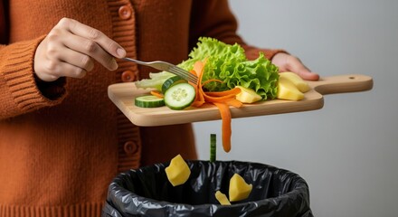 Person discarding fresh vegetable trimmings into a kitchen trash can