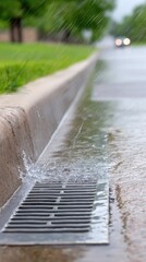 Stormwater flows down urban street as rainwater collects on metal grates during heavy rainfall, showcasing the importance of surface runoff in the city