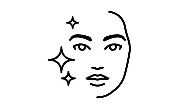 Skin care, icon animation. Woman face with glittering health skin. Female portrait, front view, sparkling. 4K looped stock video. 