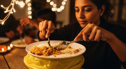 Young Woman Eating Delicious Traditional Food at Festive Dinner