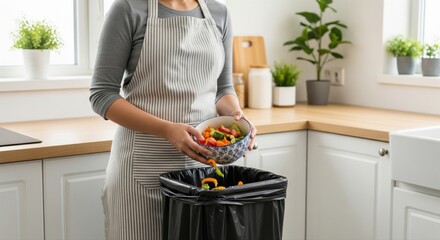 Woman disposing food waste in modern kitchen trash bin
