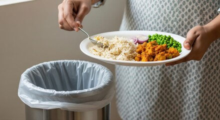 Person discarding uneaten food into kitchen trash can