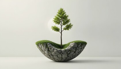 Green Tree Growing in a Unique Stone Vase with Grassy Base