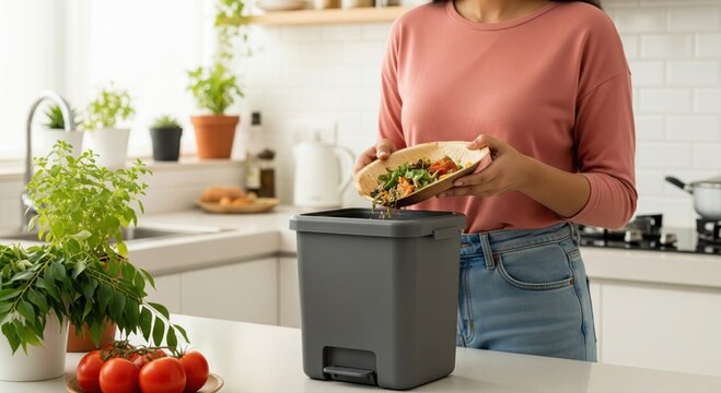 Woman Composting Food Scraps in Modern Kitchen - Powered by Adobe