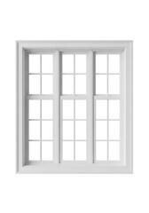 Obraz premium ultra-detailed white vinyl triple sash window featuring 18 square divided light panes and thin muntins, isolated against a transparent studio background with high-key lighting. concept of
