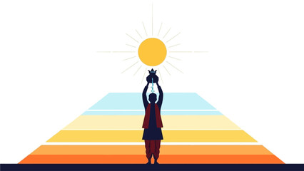 A minimalist flat design illustration of Surya Dev, the Sun God, representing the spiritual significance and reverence for the sun during Makar Sakranti.
