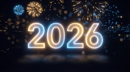Vibrant neon glowing 2026 illuminated against a backdrop of spectacular festive fireworks, symbolizing New Year's celebrations, future aspirations, and hopeful beginnings