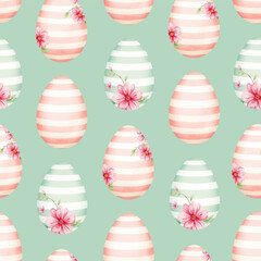 Seamless watercolor pattern with Easter eggs, delicate floral elements, in hand-painted style, for greeting cards, posters, wedding invitations, vector