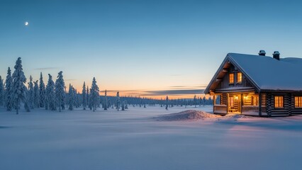 Cozy snow-covered cabin illuminated at dusk with pine trees under a twilight sky