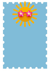 Cute smiling sun with pink star sunglasses on blue postage stamp style background, invitation template