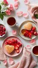 Romantic breakfast with heart shaped pancakes fresh strawberry raspberry and honey served with tea and rose petals flat lay. Valentines day love concept expressing tenderness care and cozy celebration