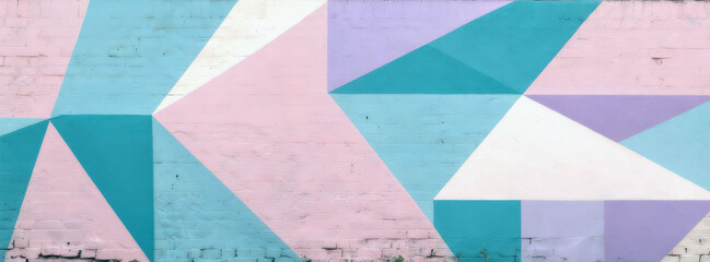 A large and aged brick wall background with abstract geometric painting in green and pink pastel colors