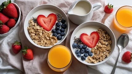 Healthy breakfast bowls with yogurt granola blueberry and strawberry served with orange juice and milk on soft fabric background. Balanced nutrition concept representing self care wellness