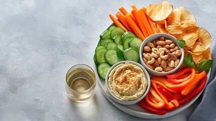 Healthy snack platter with hummus vegetables nuts and chips served on round plate with glass of white wine. Balanced nutrition concept representing mindful eating wellness lifestyle