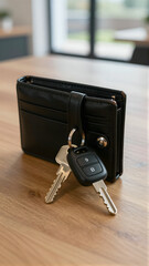 Wallet and Keys on Wooden Surface