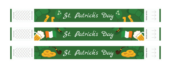 Set of green festival wristbands with shamrocks leprechaun gold Ireland flag beer hats and pipe