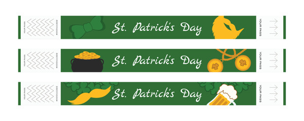 Set of green festival wristbands with shamrocks pot of leprechaun gold beard and decorative elements