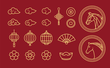 Chinese New Year Line Art Icon Set. Gold Outline Symbols Collection on Red Background. East Asian Culture Vector.