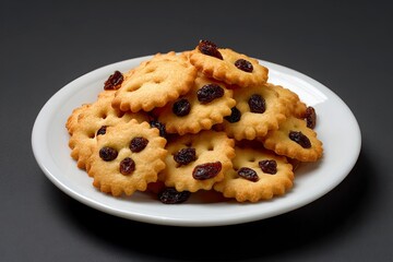 Golden Baked Cookies with Raisins on White Plate Fresh Snack or Dessert