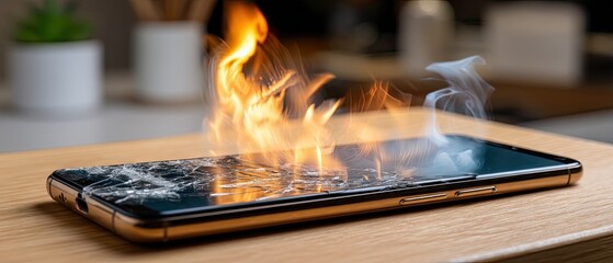 Smartphone catches fire on charging surface due to prolonged use with visible flames and crack on the screen