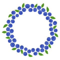 Hand drawn blueberry wreath with ripe berries and green leaves arranged in a circular frame isolated on white background. The illustration represents healthy food, summer harvest and natural concept