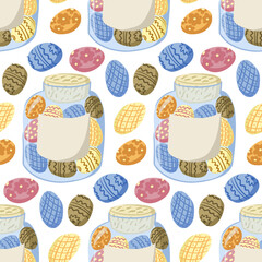 Hand drawn seamless easter pattern with decorated eggs stored in glass jars and scattered ornaments on white background. The illustration represents festive easter celebration, spring holiday