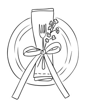 Hand drawn table setting with plate, napkin, fork and decorative bow in elegant line style isolated on white background. The illustration represents festive dining, table etiquette