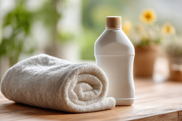 Laundry Room Essentials Freshly Laundered Towel and Detergent Bottle on Wooden