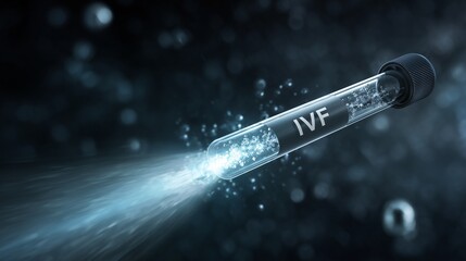 Single test tube labeled ivf with liquid and particle motion, representing in vitro fertilization and assisted reproduction concept.
