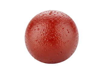 crimson fruit glossy orb with dewdrop texture on white background