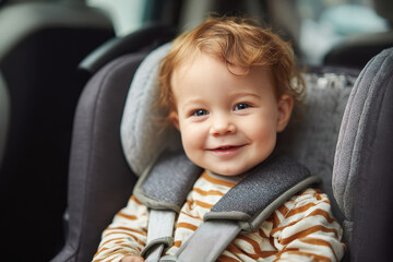 Smiling Toddler in Car Seat with Striped Shirt, Safe and Happy