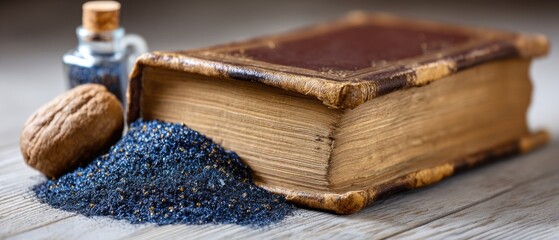 Old book with charred pages and blue charcoal ash on wooden floor in a quiet space