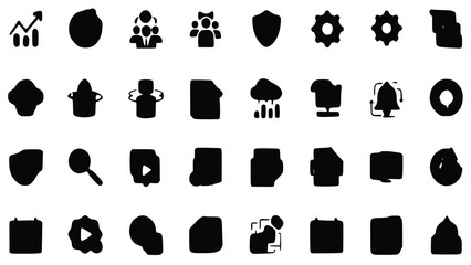 Collection of hand-drawn, black and white UI icons representing diverse functions like settings, data, security, and user management.