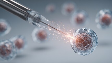 Syringe injecting into a single cell representing ivf injection and assisted fertilization procedure.
