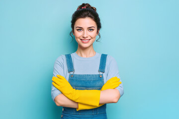 Cleaner Smiling Confident Young Woman in Denim and Yellow Gloves on Blue