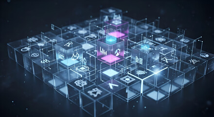 Visualize your data with a stunning modern network of transparent cubes showcasing bright business analytics and insights for strategic planning