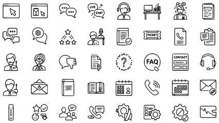 Collection of hand-drawn outline icons representing customer service, communication methods, feedback, and technical support solutions