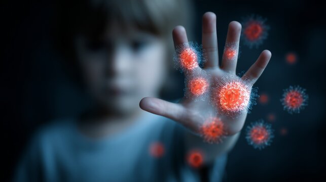 Child hand with illustrated virus particle overlays representing hfmd (hand, foot and mouth disease) viral infection and contagion.