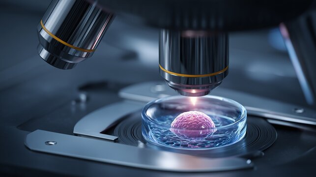 Microscope examining a single embryo in a petri dish symbolizing ivf embryo cryopreservation and laboratory fertility preservation.