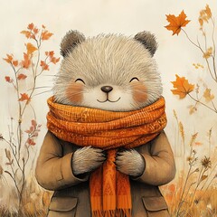 Cute bear wearing a scarf in autumn scenery.