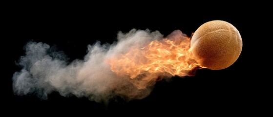 Burning basketball flying through the air with flames and smoke in a black background, capturing the movement and energy of the moment