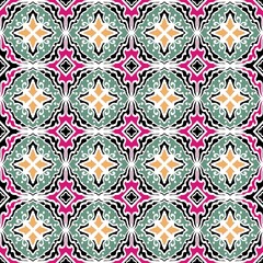 Naklejka premium Green-Yellow Tribal Diamond Pattern on Black Layered tribal diamonds with yellow cross motifs, white flourishes on green, framed by black-white waves and magenta diamonds.