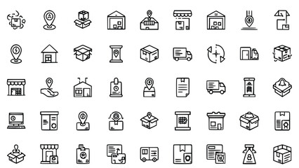 Collection of outline icons illustrating global logistics, package tracking, storage, and local delivery services comprehensively.