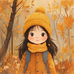 Girl in autumn foliage wearing cozy attire.