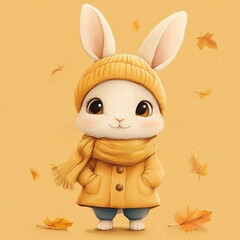Cute rabbit in warm autumn clothing.