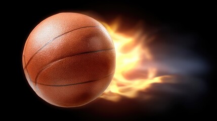 Basketball flying through air with flames on a black background in high-resolution design