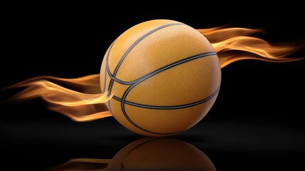 Fototapeta premium Flying basketball with flames in a dynamic action scene against a black background showcasing motion and energy