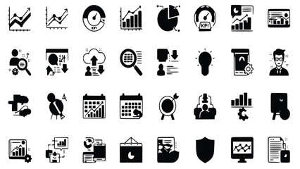 Collection of detailed black and white business analysis icons representing data charting, key performance indicators, and professional strategy development.